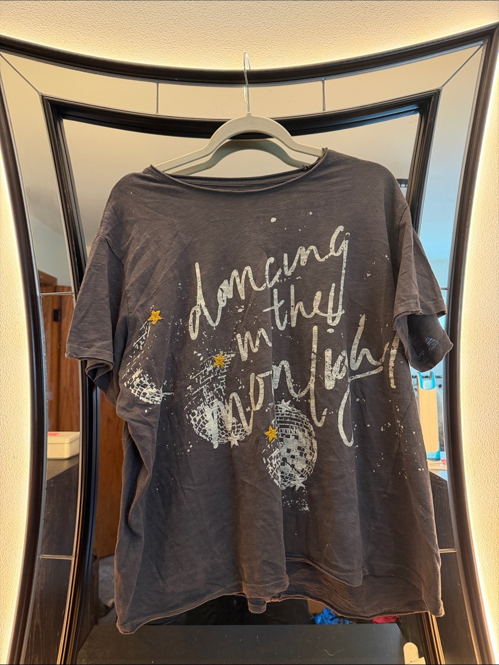 Karyn Seo Graphic Tee Oversized Gray Disco Ball Moon Stars NWOT